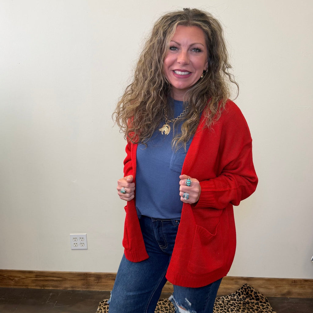 Red Long Sleeve Sweater Cardigan - Country Lace Boutique