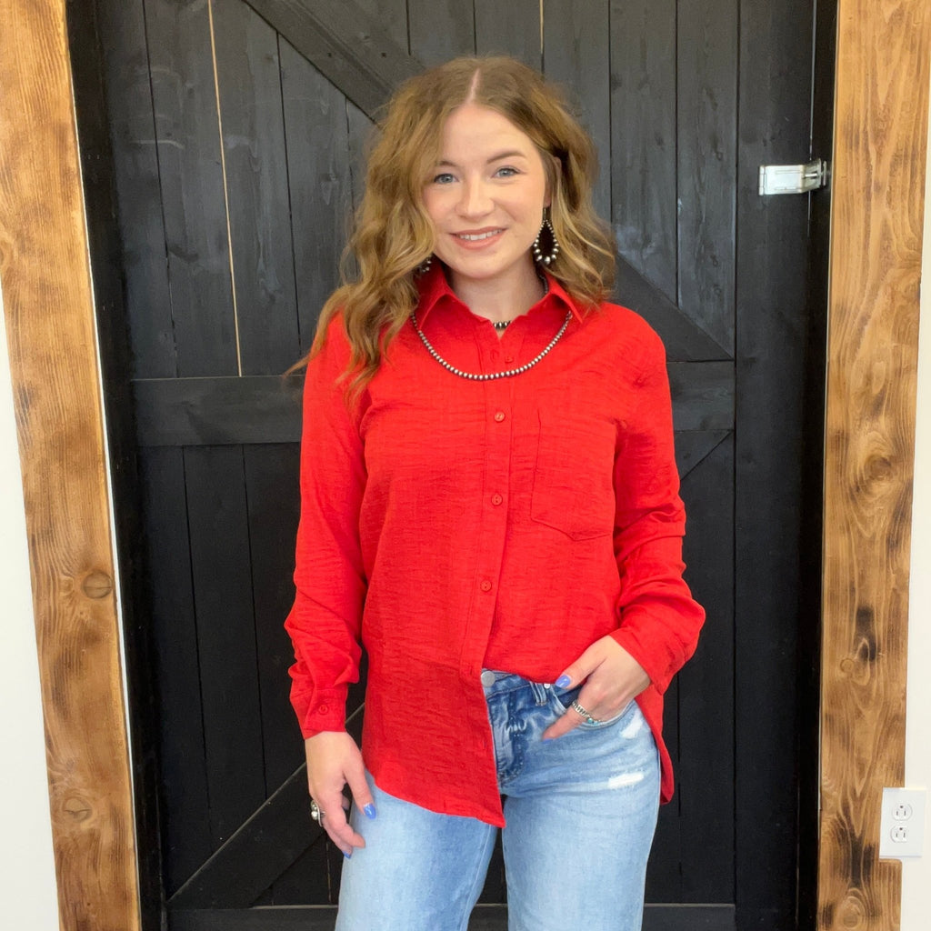 Red Long Sleeve with Front Pocket Top - Country Lace Boutique