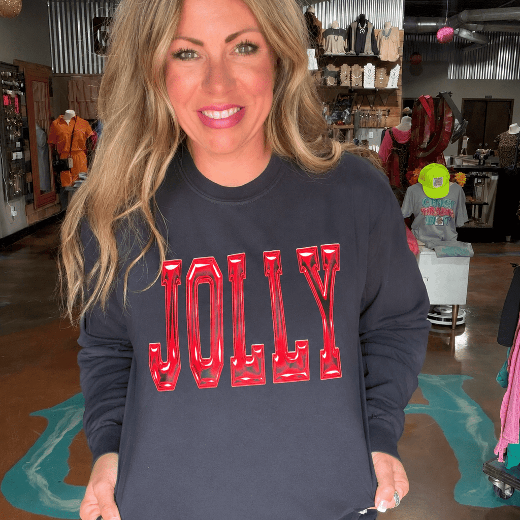 Red Metallic JOLLY Long Sleeve Black Comfort Color Tee - Country Lace Boutique