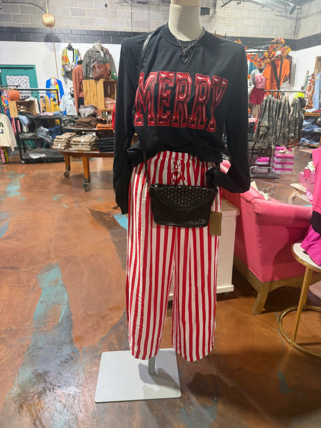 Red Metallic MERRY Long Sleeve Black Comfort Color Tee - Country Lace Boutique