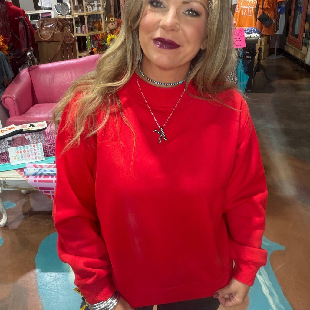 Red Mock Neck Oversized Sweatshirt - Country Lace Boutique