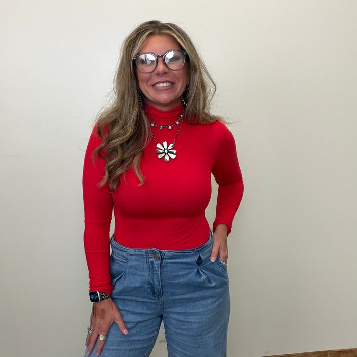 Red Mock Turtle Neck Bodysuit Top - Country Lace Boutique