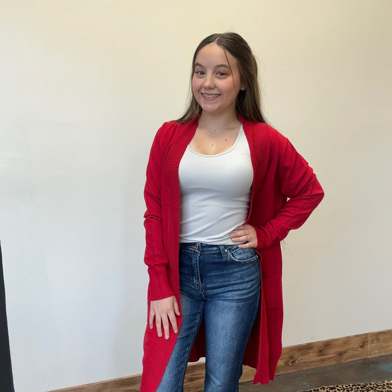 Red Open Front w/ Pockets Long Sleeve Cardigan - Country Lace Boutique