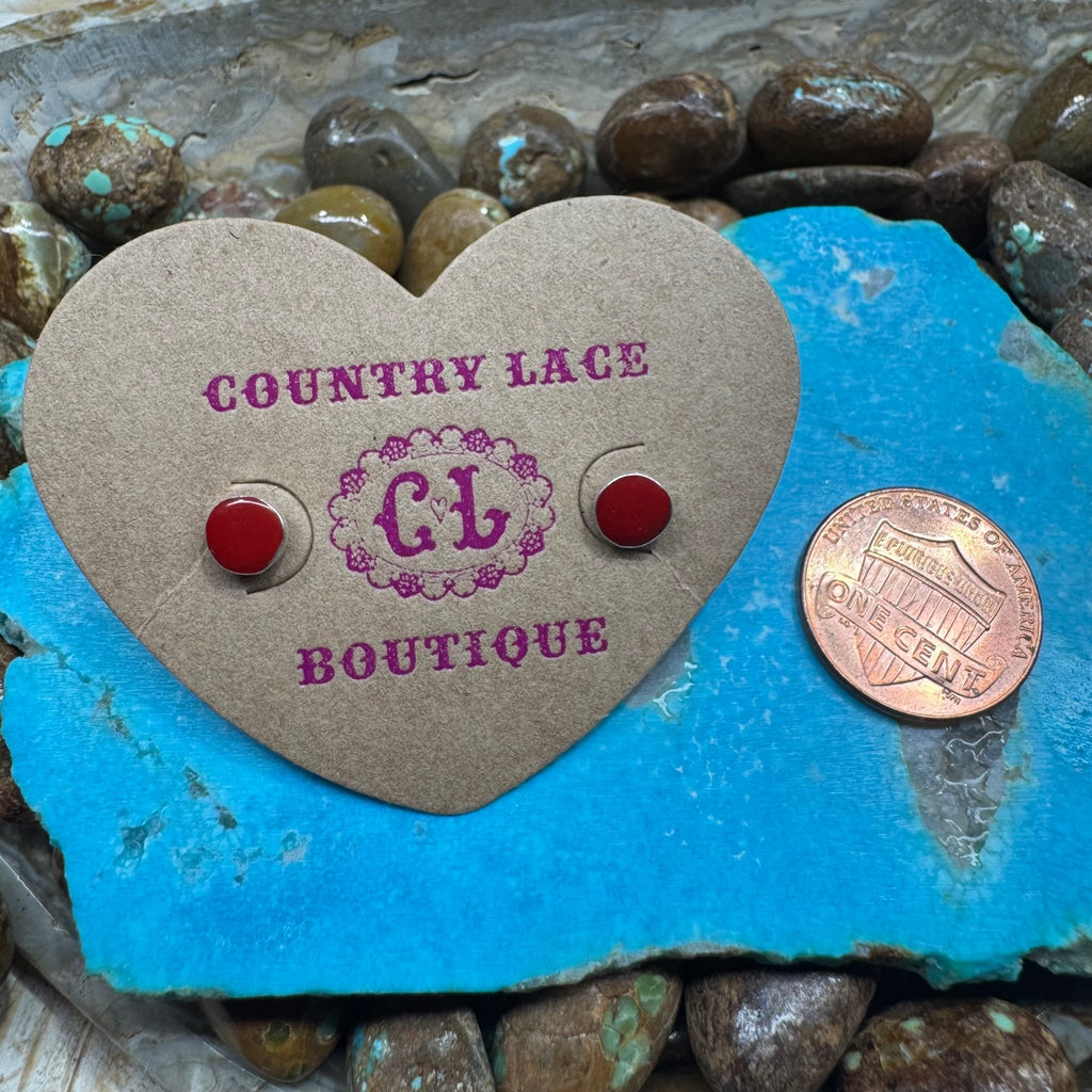 Red Round Stud Post Sterling Silver Earring - Country Lace Boutique