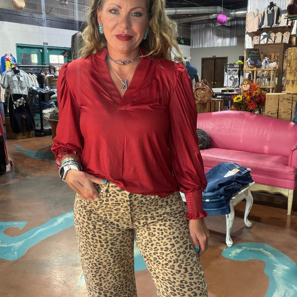 Red Rust Super Soft Hi low V Neck Long Sleeve with Elastic Cuffs Top - Country Lace Boutique
