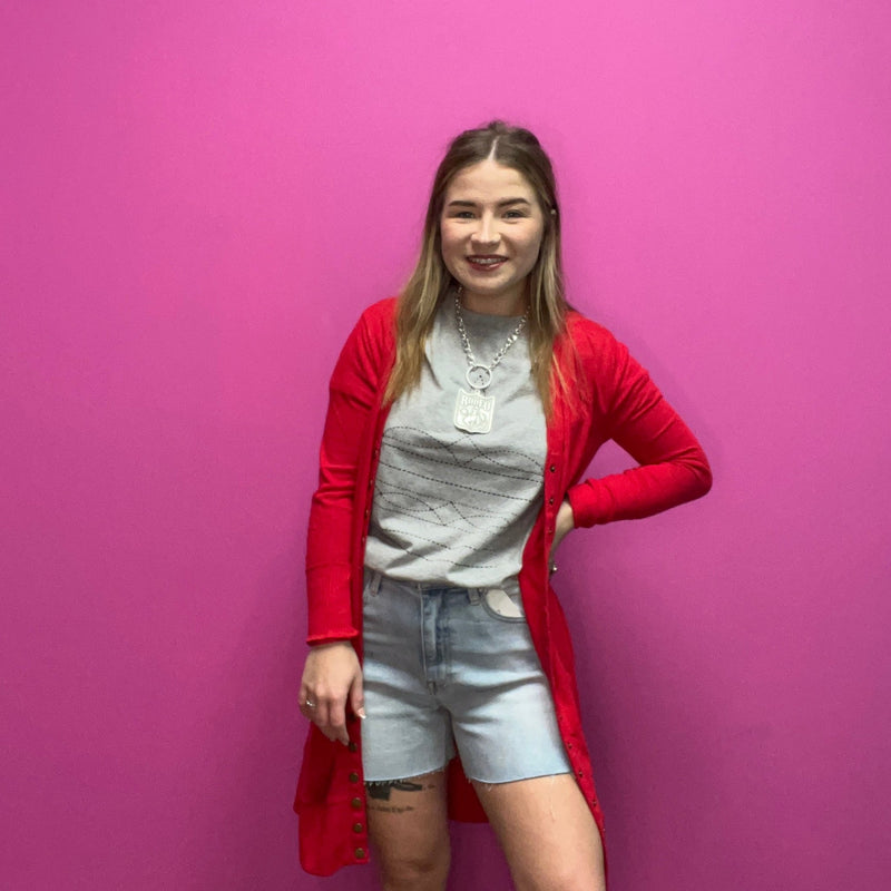 Red Snap Down w/ Pockets Long Sleeve Soft Cardigan - Country Lace Boutique