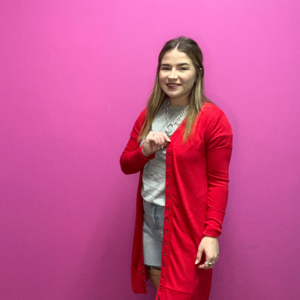 Red Snap Down w/ Pockets Long Sleeve Soft Cardigan - Country Lace Boutique