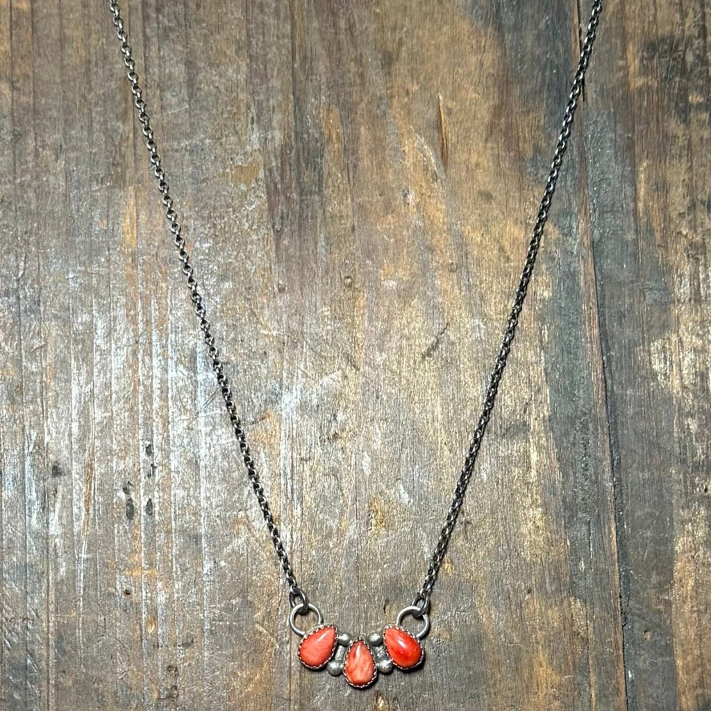 Red Spiny 3 Stone Tear Drop Sterling Silver Necklace - Country Lace Boutique