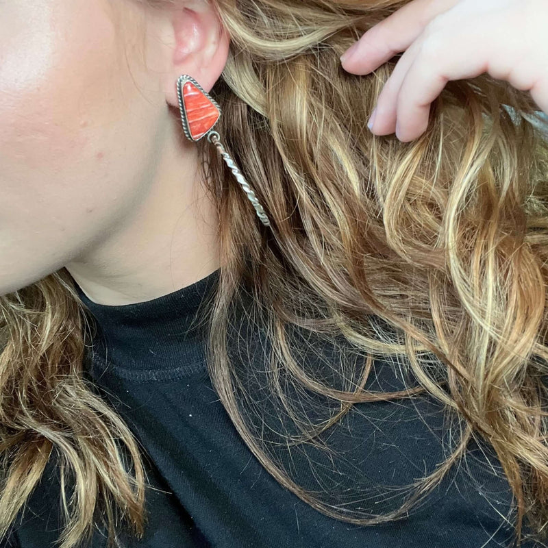 Red Spiny Triangle Movable Hoop Sterling Silver Earring - Country Lace Boutique