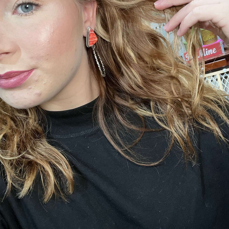 Red Spiny Triangle Movable Hoop Sterling Silver Earring - Country Lace Boutique