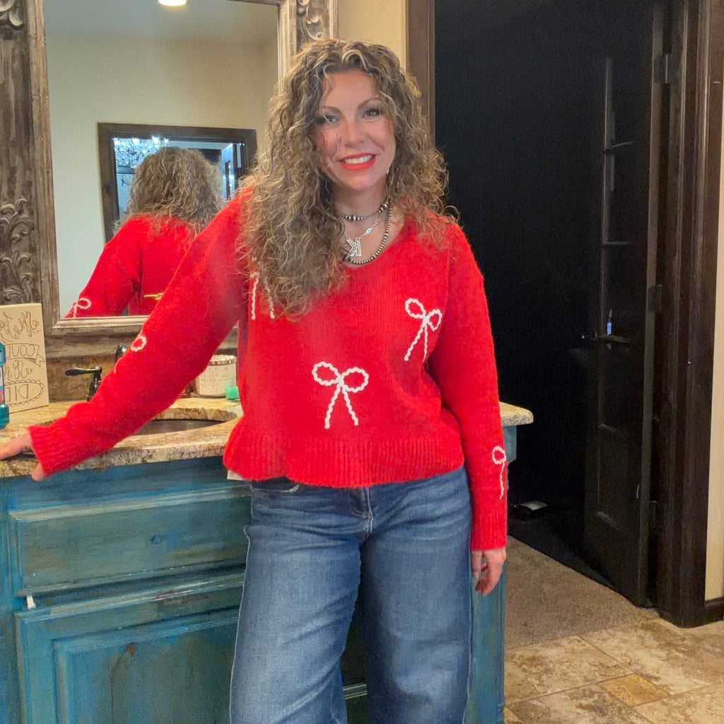 Red Super Soft Crop Bow Long Sleeve Sweater - Country Lace Boutique
