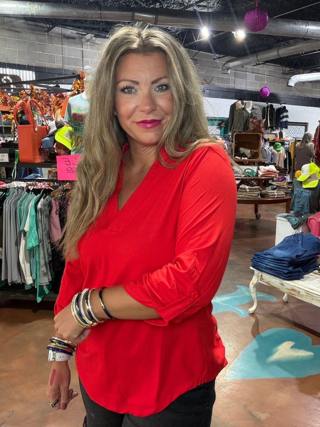Red Super Soft Hi low 3/4 length Sleeve Top - Country Lace Boutique