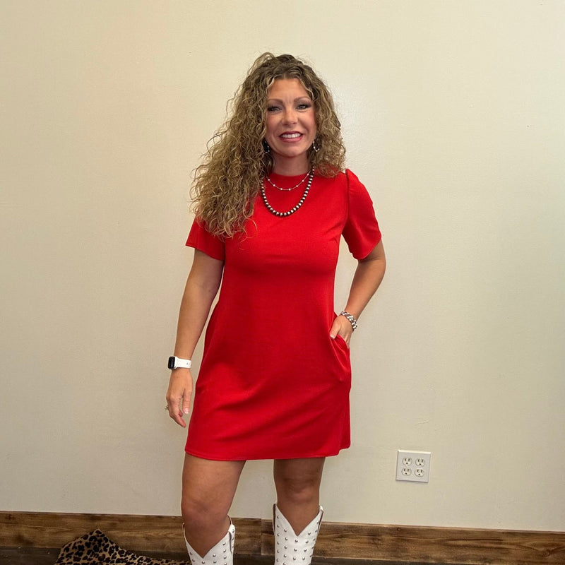 Red V Back with Bow Short Knee Length Dress w/ Pockets - Country Lace Boutique