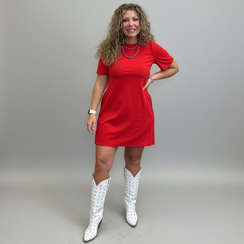 Red V Back with Bow Short Knee Length Dress w/ Pockets - Country Lace Boutique