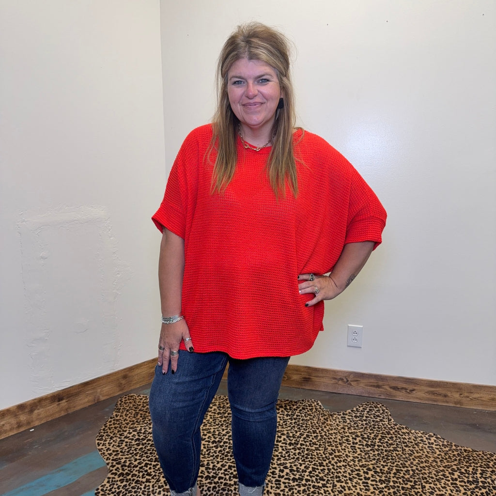 Red Waffle Dolman Short Sleeve Top - Country Lace Boutique