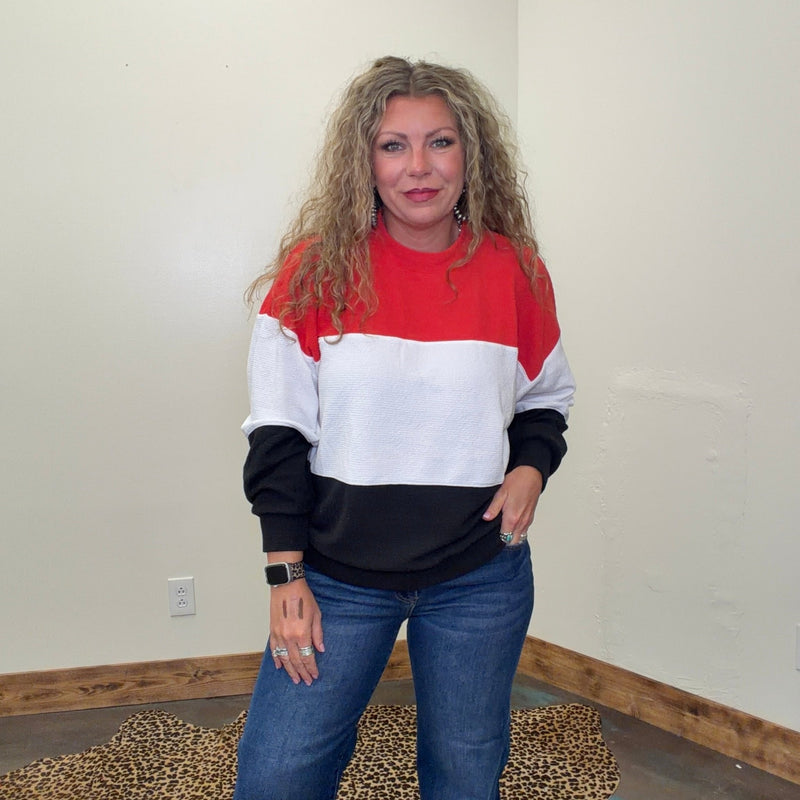 Red White & Black Knit Color Block Long Sleeve Shirt - Country Lace Boutique