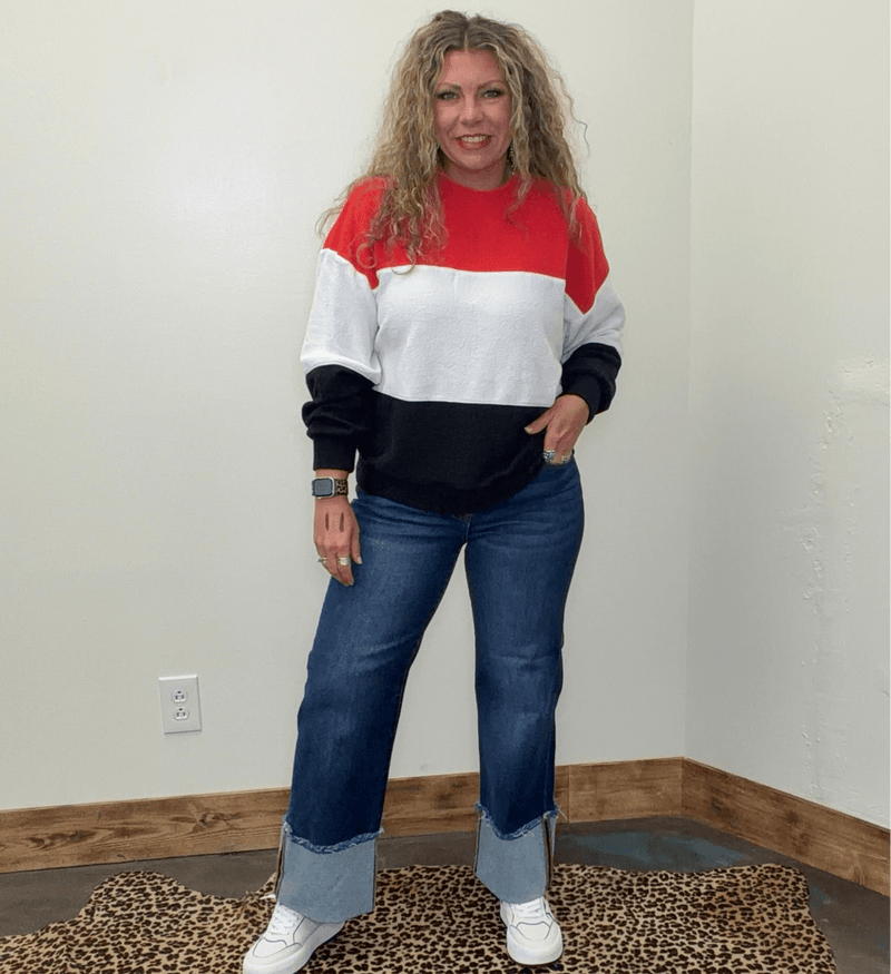 Red White & Black Knit Color Block Long Sleeve Shirt - Country Lace Boutique