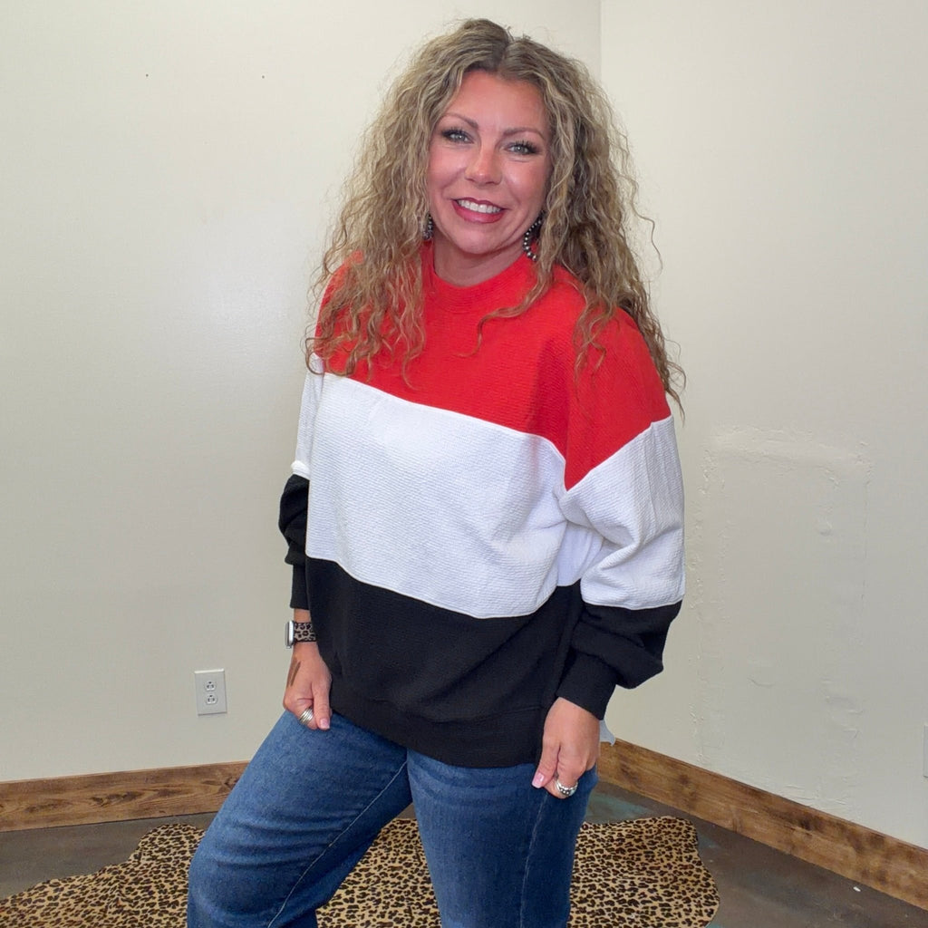 Red White & Black Knit Color Block Long Sleeve Shirt - Country Lace Boutique