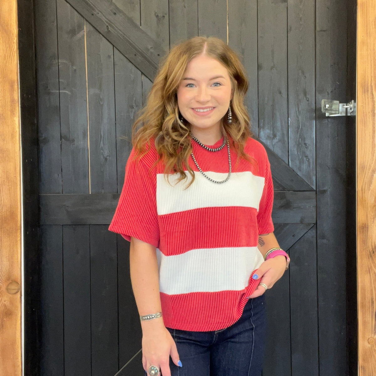 Red & White Chonky Ribbed Short Sleeve Shirt - Country Lace Boutique