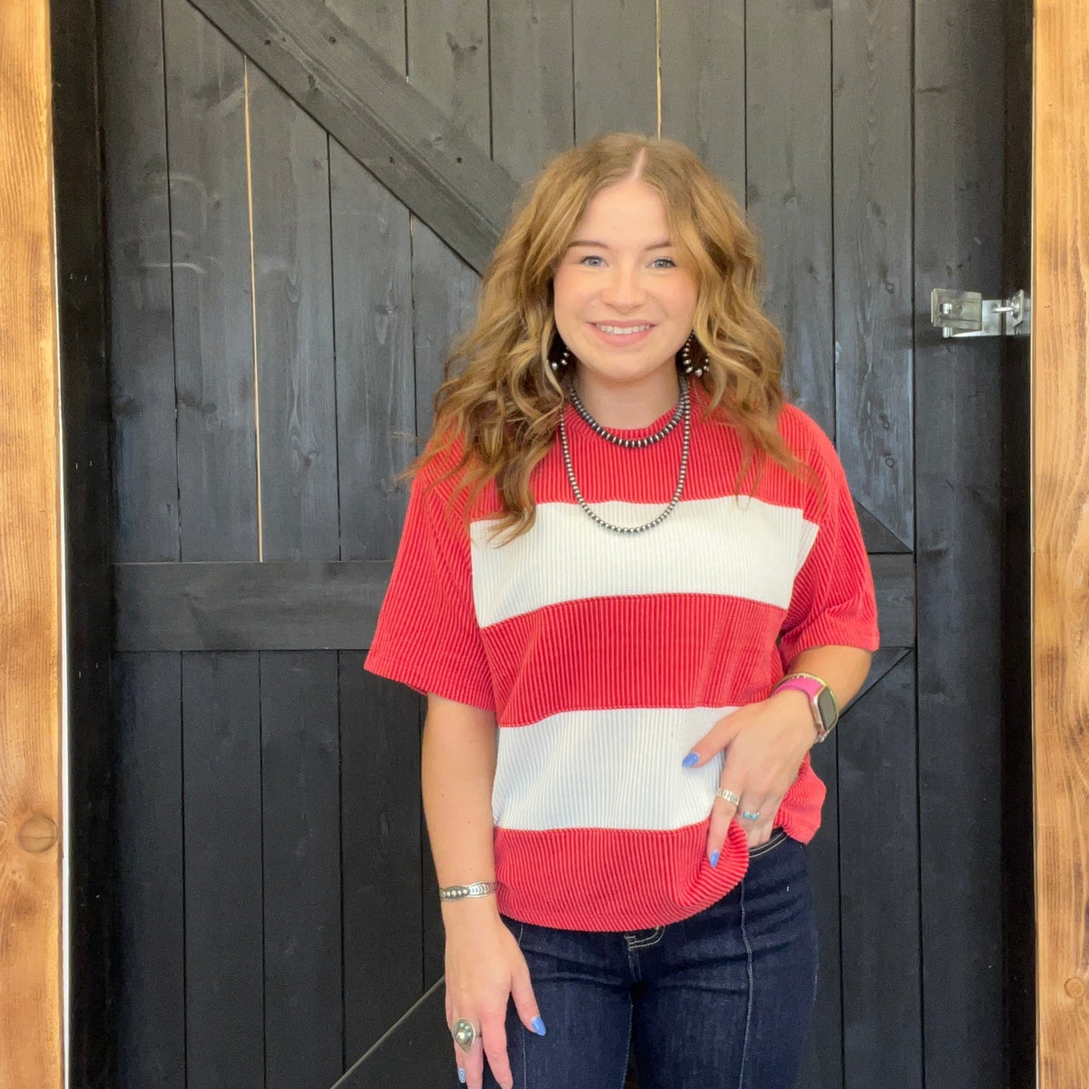 Red & White Chonky Ribbed Short Sleeve Shirt - Country Lace Boutique
