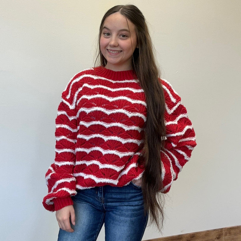 Red & White Detailed Long Sleeve Sweater - Country Lace Boutique