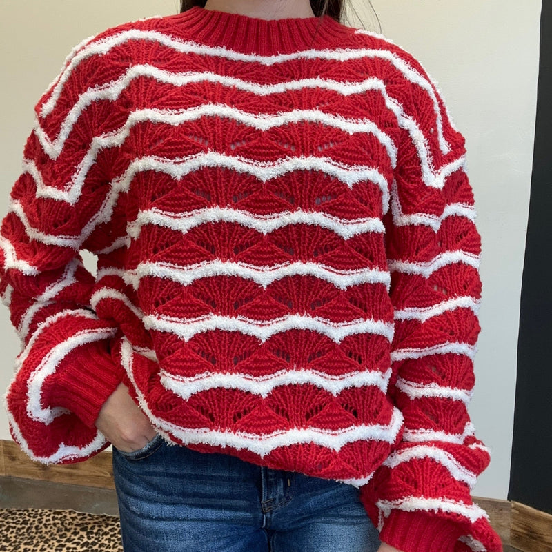 Red & White Detailed Long Sleeve Sweater - Country Lace Boutique