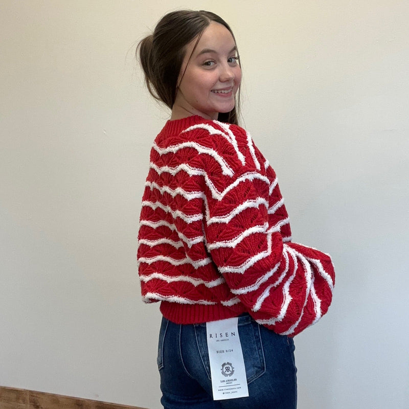 Red & White Detailed Long Sleeve Sweater - Country Lace Boutique