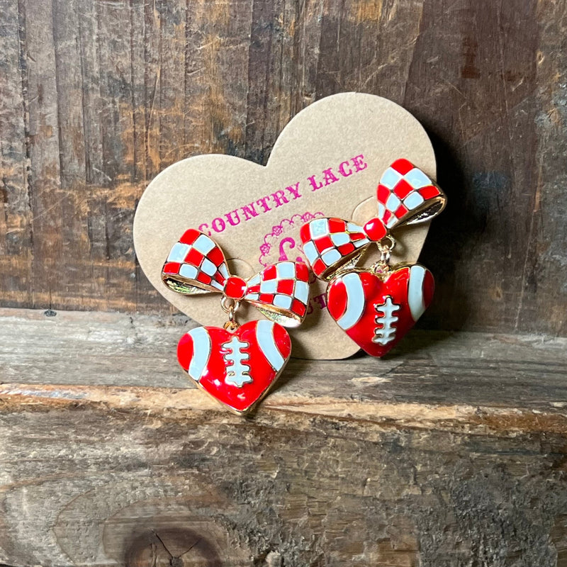 Red & White Football Bow Post Fashion Earrings - Country Lace Boutique