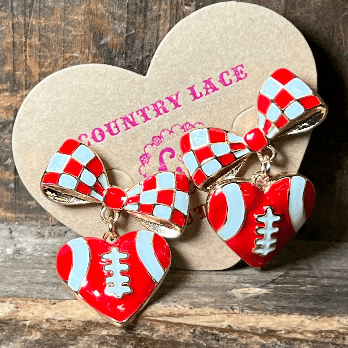 Red & White Football Bow Post Fashion Earrings - Country Lace Boutique