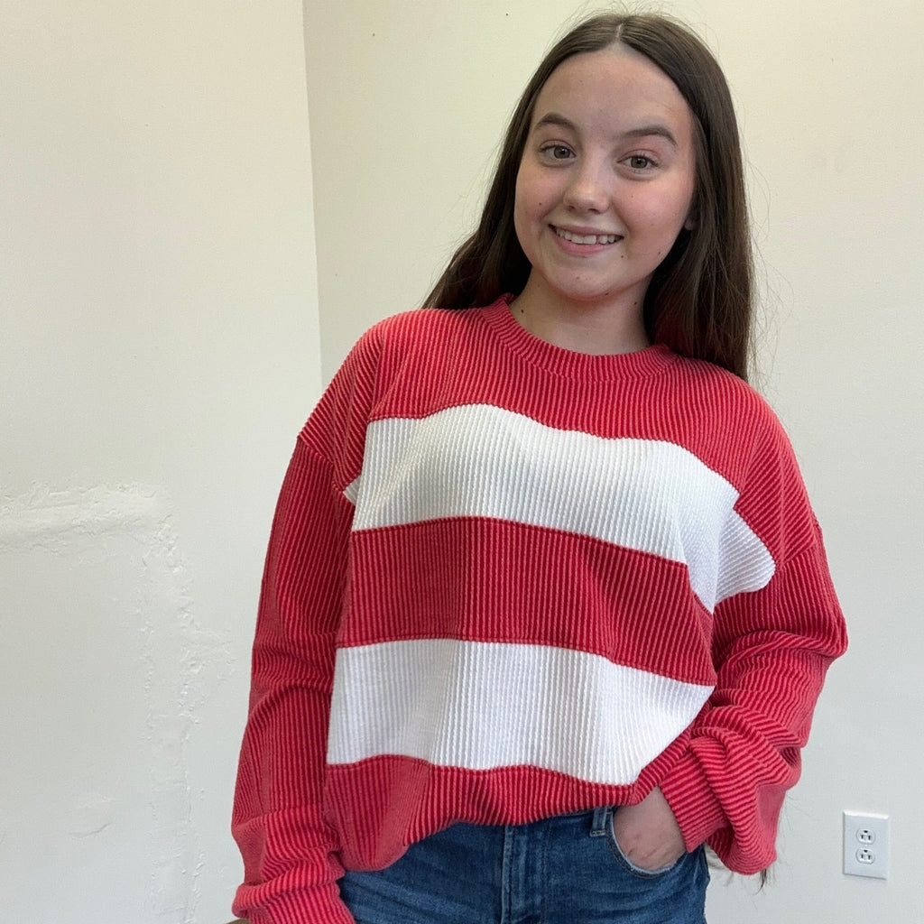 Red & White Ribbed Striped Long Sleeve Shirt - Country Lace Boutique