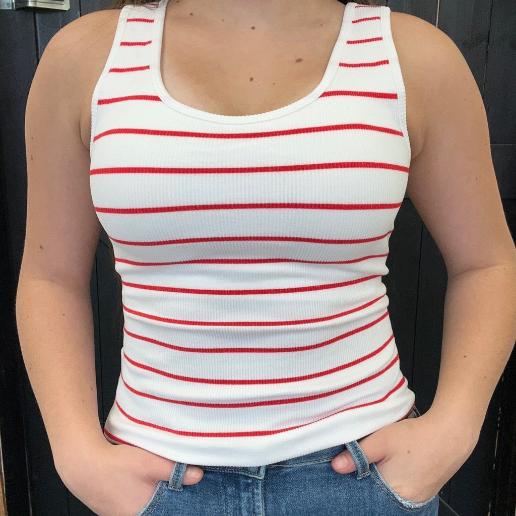 Red & White Striped Ribbed Tank Top with Built in Bra - Country Lace Boutique