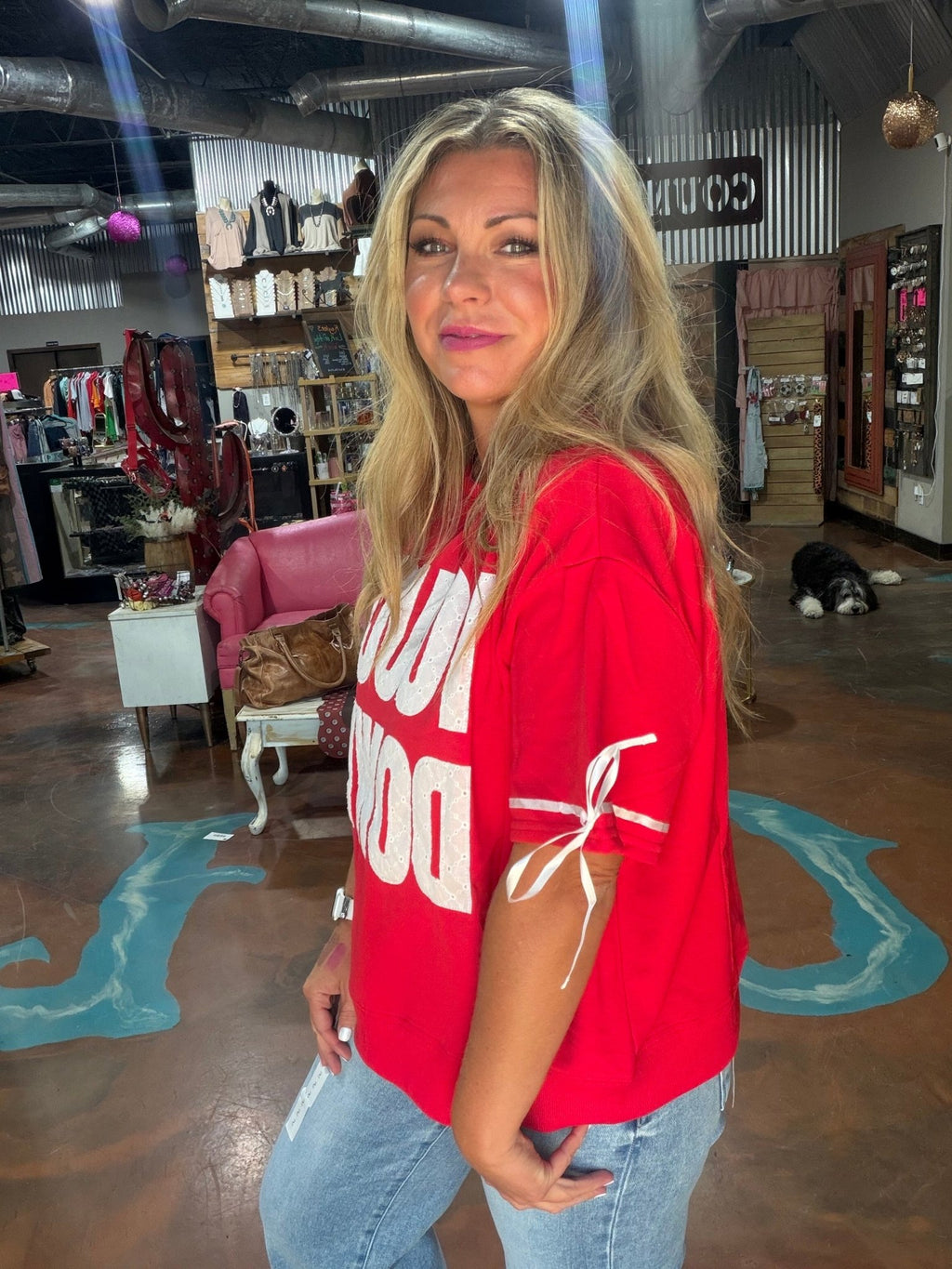 Red & White Touch Down Short Sleeve Shirt - Country Lace Boutique