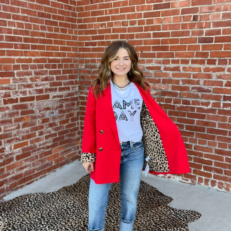 Red With Animal Print Lined Blazer - Country Lace Boutique