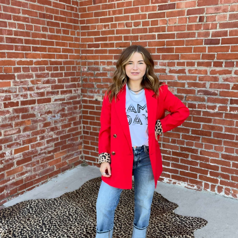 Red With Animal Print Lined Blazer - Country Lace Boutique