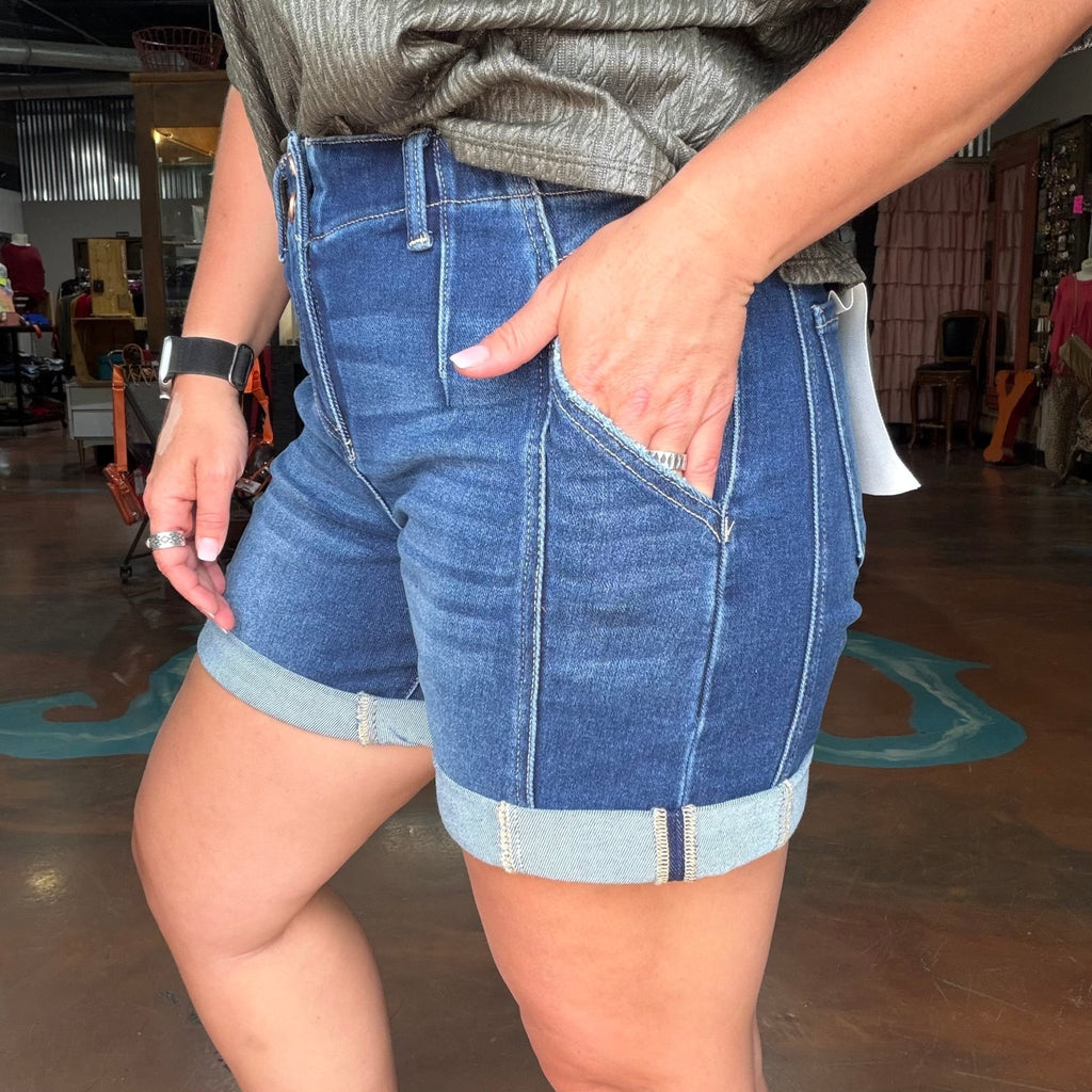 Risen High Rise Dark Seamed Roll Up Shorts - Country Lace Boutique