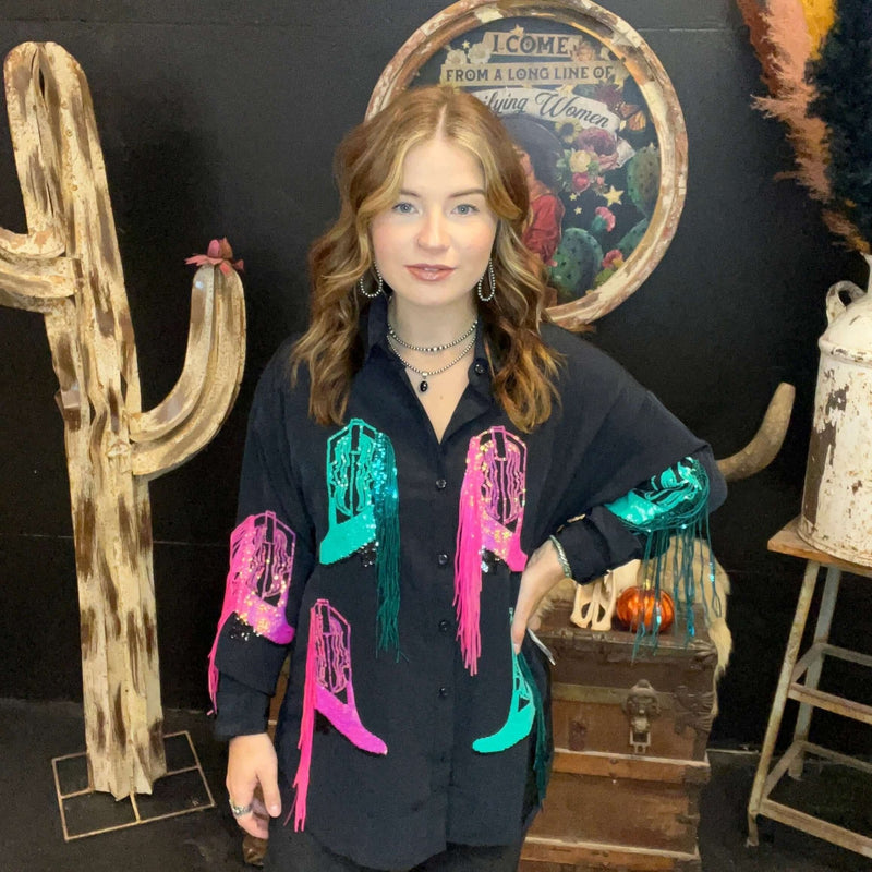 Rock & Roll Black Sequined Boot Overshirt Button Down Top - Country Lace Boutique
