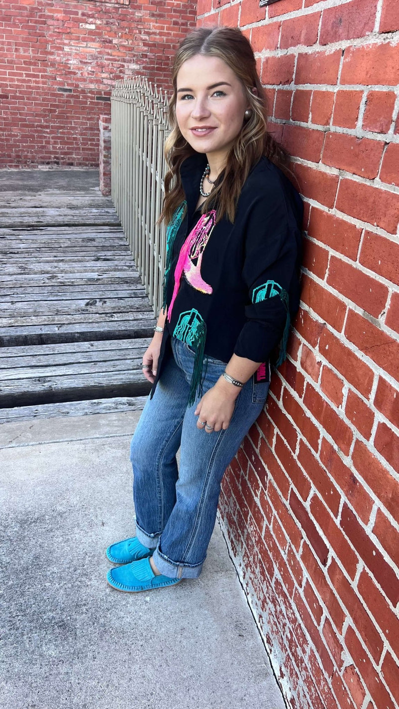 Rock & Roll Black Sequined Boot Overshirt Button Down Top - Country Lace Boutique