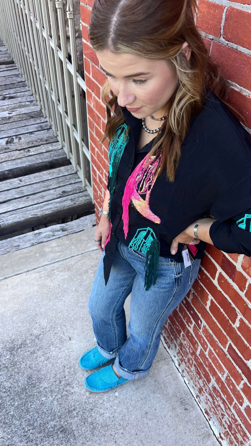 Rock & Roll Black Sequined Boot Overshirt Button Down Top - Country Lace Boutique