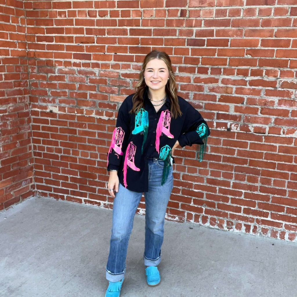 Rock & Roll Black Sequined Boot Overshirt Button Down Top - Country Lace Boutique