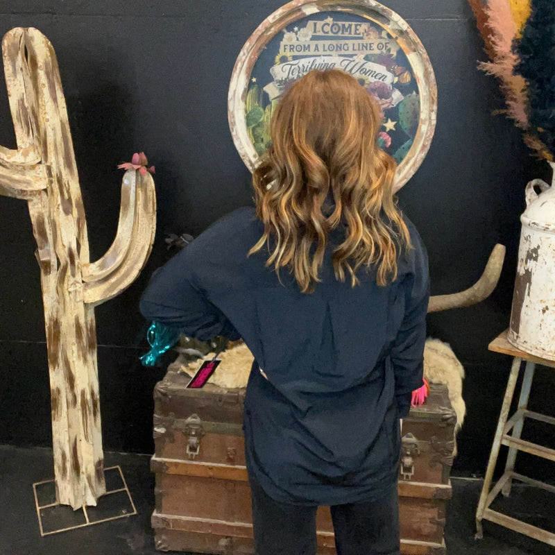 Rock & Roll Black Sequined Boot Overshirt Button Down Top - Country Lace Boutique