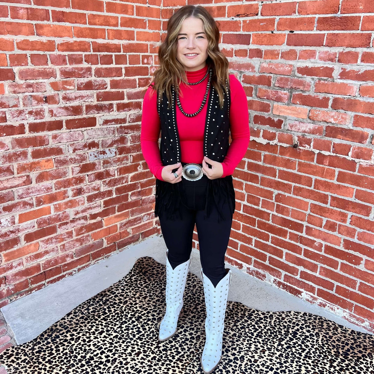 Rock & Roll Denim n Women's Black Studded Fringe Vest - Country Lace Boutique