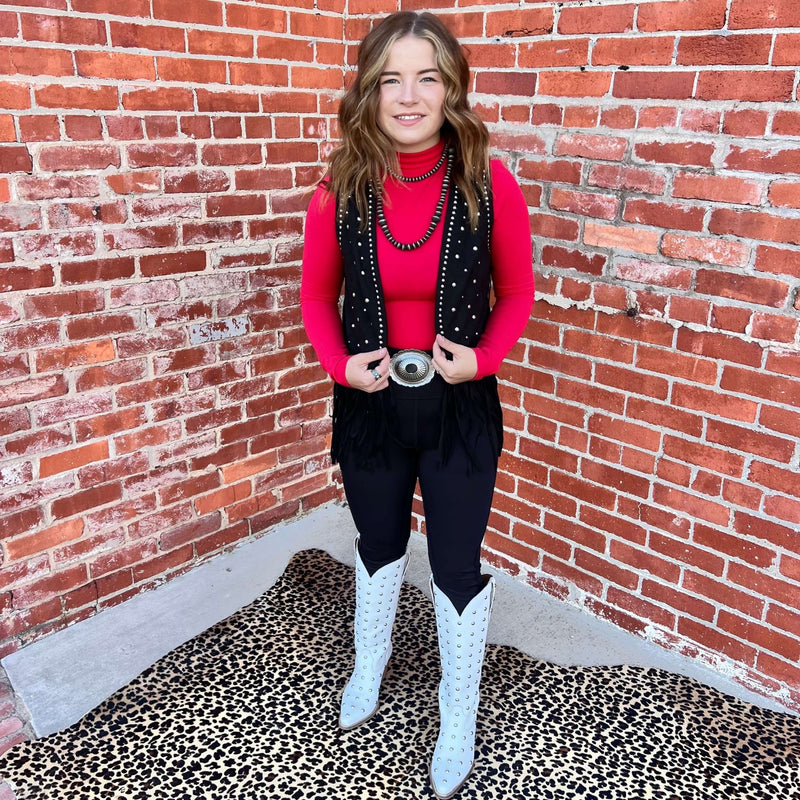 Rock & Roll Denim n Women's Black Studded Fringe Vest - Country Lace Boutique