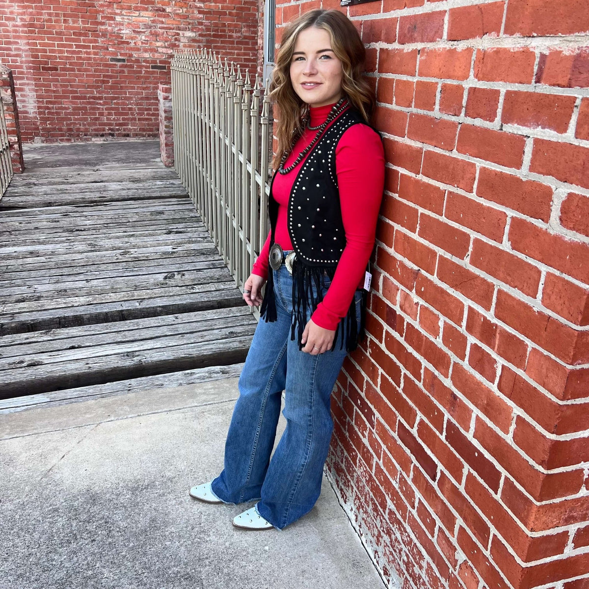 Rock & Roll Denim n Women's Black Studded Fringe Vest - Country Lace Boutique