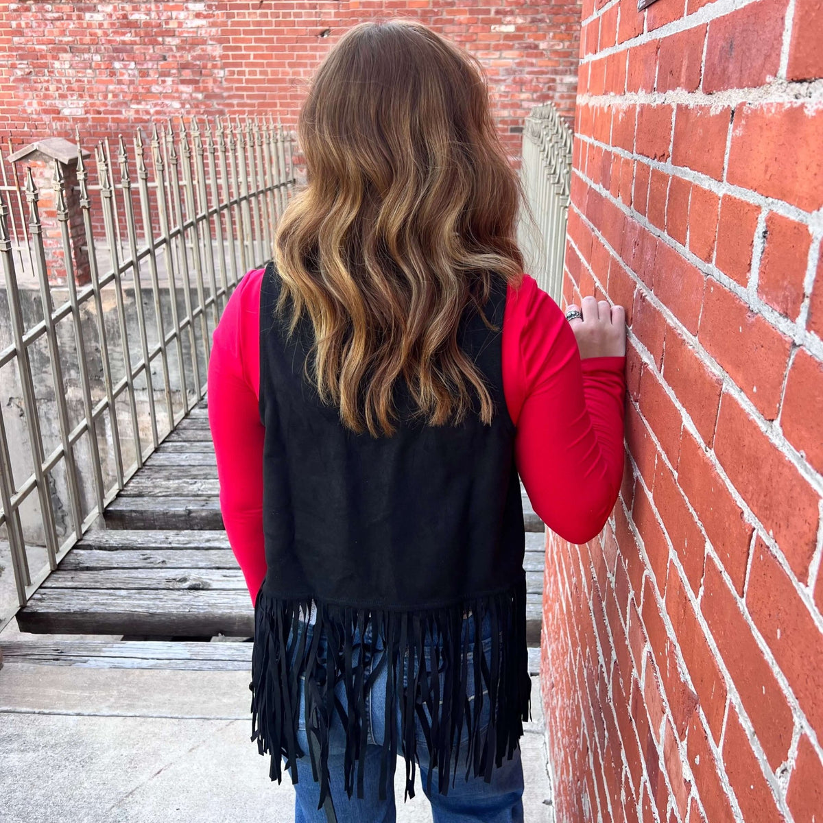 Rock & Roll Denim n Women's Black Studded Fringe Vest - Country Lace Boutique