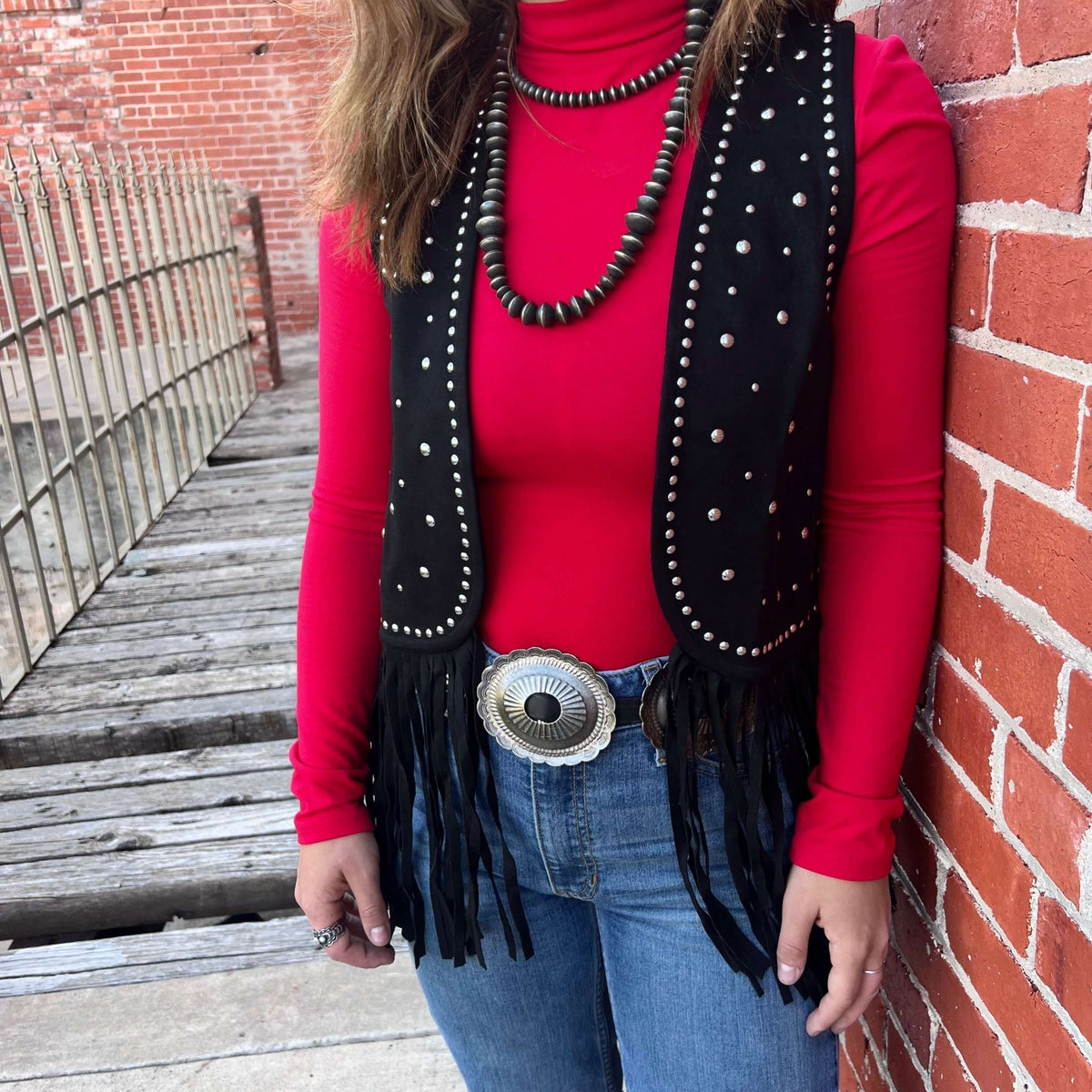 Rock & Roll Denim n Women's Black Studded Fringe Vest - Country Lace Boutique