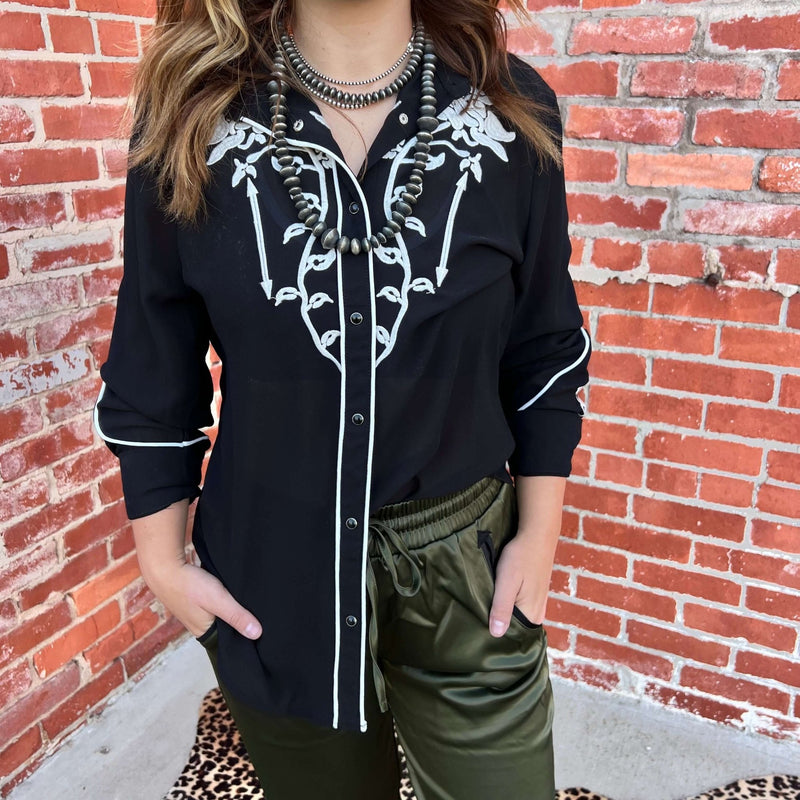 Rodeo Quincy Veronica Black Button up Long Sleeve Top - Country Lace Boutique