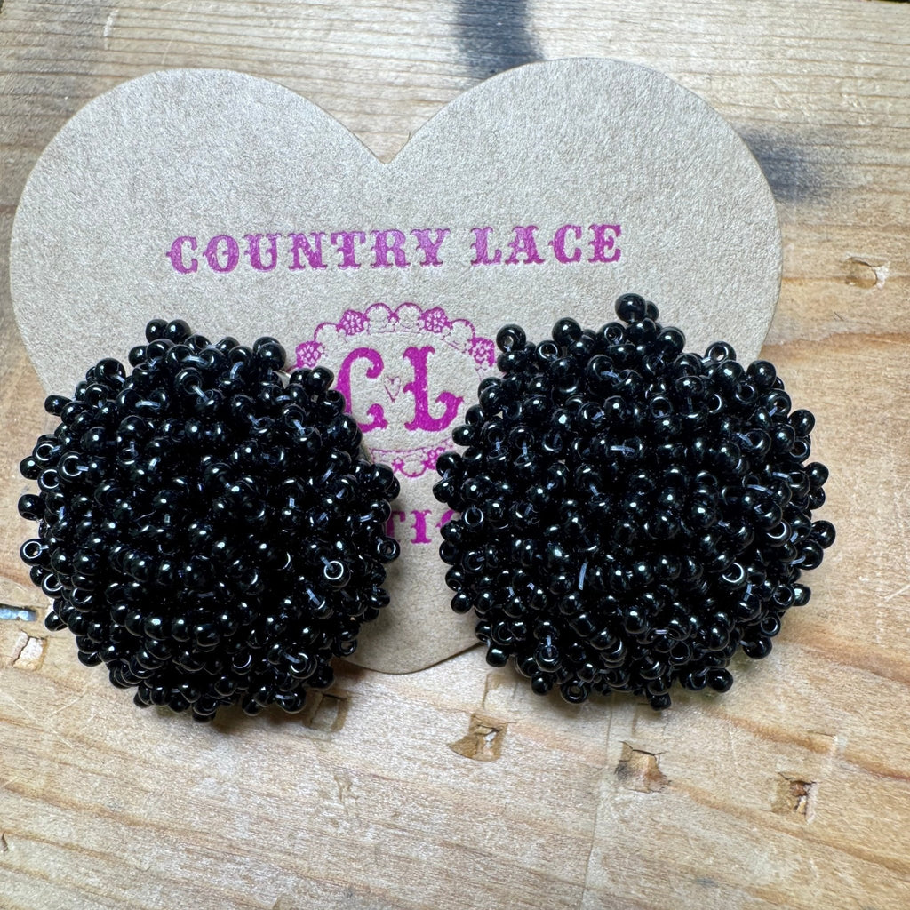 Round Black Beaded Post Stud Fashion Earrings - Country Lace Boutique