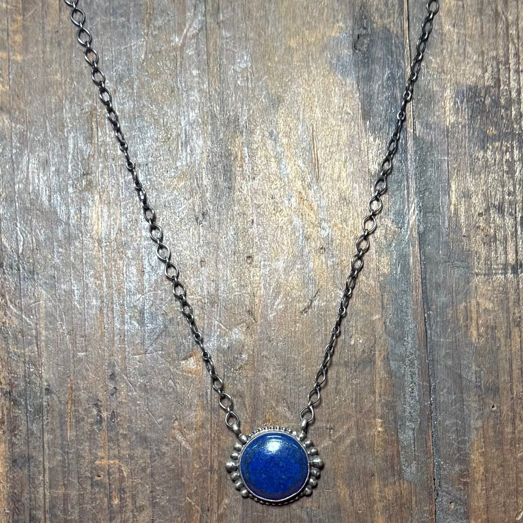 Round Blue Lapis With Ball Detail Sterling Silver Necklace - Country Lace Boutique