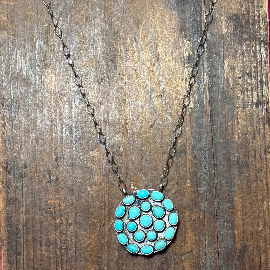 Round Cluster Authentic Kingman Turquoise Sterling Silver Necklace - Country Lace Boutique