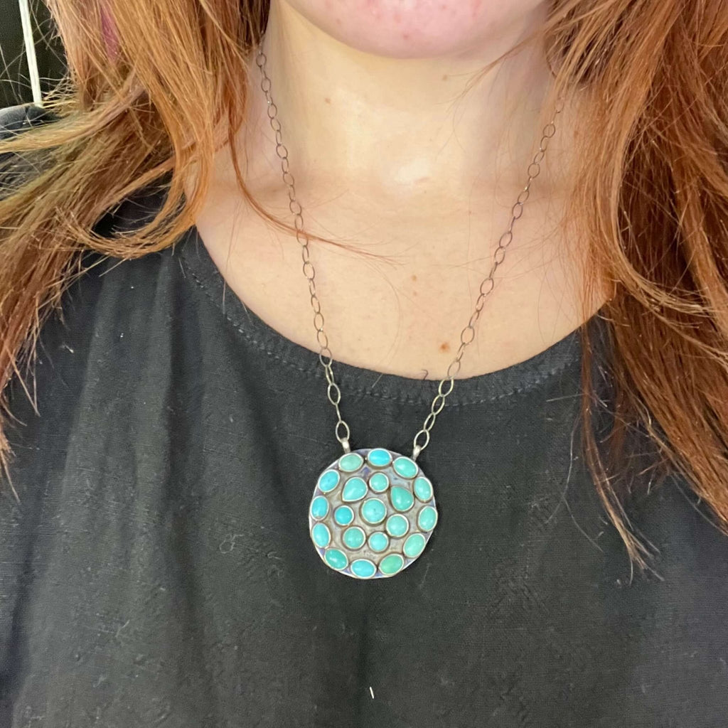Round Cluster Authentic Kingman Turquoise Sterling Silver Necklace - Country Lace Boutique
